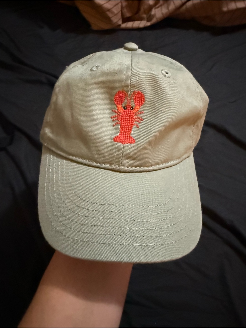 Kids Tan Baseball Cap with Orange Lobster Embroidery